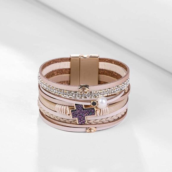 Cross Boho Multilayer Leather Wrap Cuff Bangle Bracelet - Picture 3 of 6